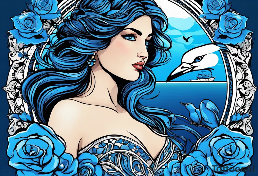 Aphrodite is the goddess of love, with a seaside background, surrounded by birds.. blue roses frames, background blue,present it in a, black hair, love motives, herat,motifs expressing love and the feeling of love tattoo idea