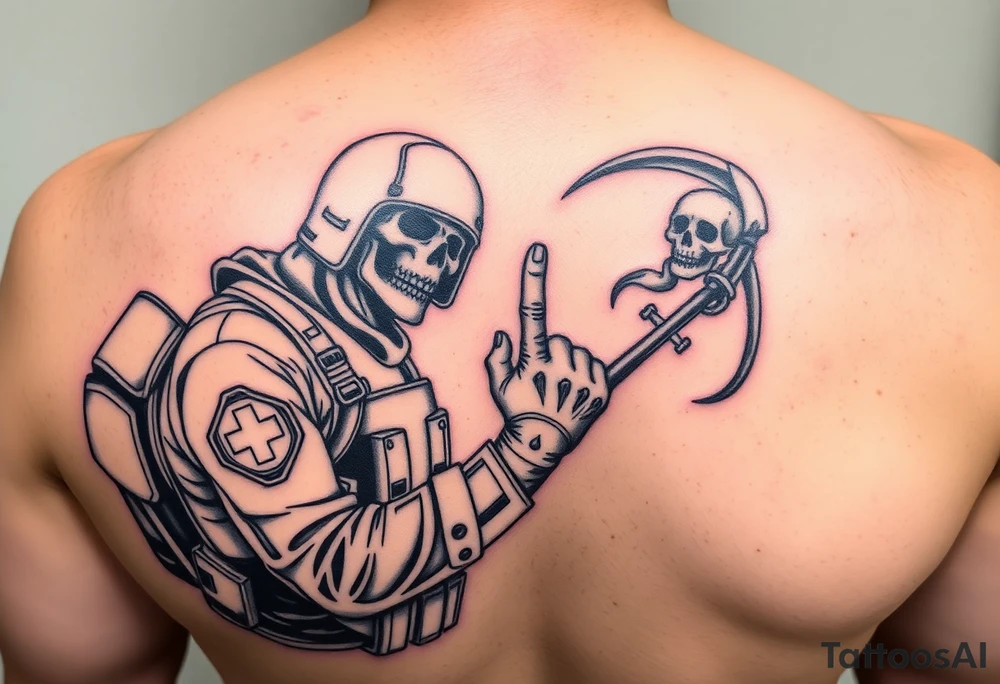 Forearm tattoo , Special forces combat medic treating a soldier while he puts his middle finger up at the grim reaper tattoo idea