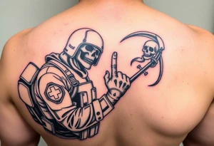 Forearm tattoo , Special forces combat medic treating a soldier while he puts his middle finger up at the grim reaper tattoo idea