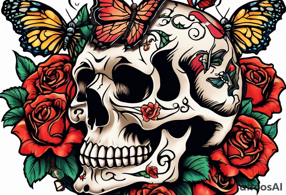 sailor jerry with skulls roses and butterflies tattoo idea