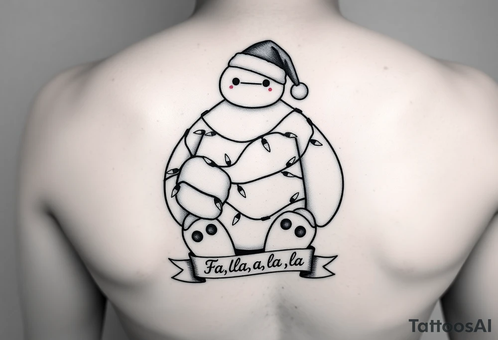 Disney Christmas themed sitting Baymax  wrapped up in Christmas lights and Santa hat with banner at bottom with "Fa-la-la-la-la" in writing. Make arms longer to hide behind feet. Black and white other than lights and hat. tattoo idea