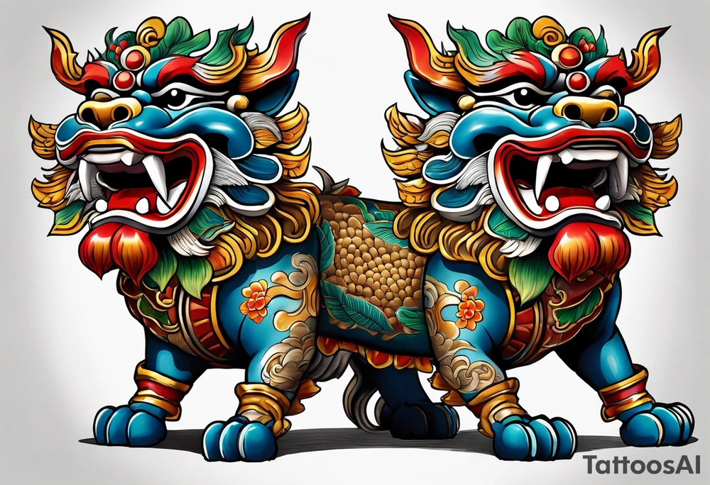 Pair of full bodied traditional Okinawa shisa, one has mouth closed, the other one, has mouth open. tattoo idea