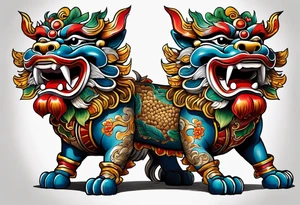 Pair of full bodied traditional Okinawa shisa, one has mouth closed, the other one, has mouth open. tattoo idea