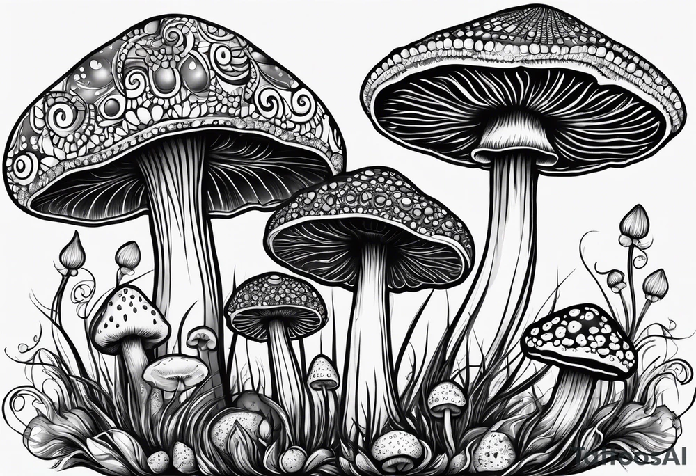 Large Shaggy cap mushroom dripping ink off cap with 4 smaller mushrooms around it mandala henna black tattoo design tattoo idea