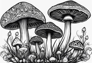 Large Shaggy cap mushroom dripping ink off cap with 4 smaller mushrooms around it mandala henna black tattoo design tattoo idea