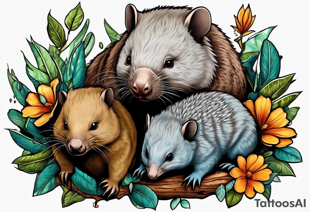 Wombat with a Platypus, an Echidna & a Sugar Glider tattoo idea
