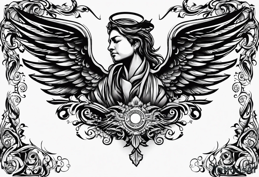 the word Glenn on a banner and angel wings tattoo idea