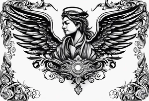 the word Glenn on a banner and angel wings tattoo idea