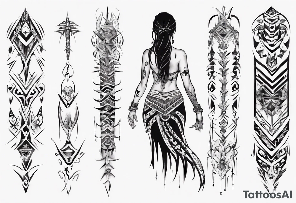 a neotribal spine tattoo that includes a woman floating tattoo idea