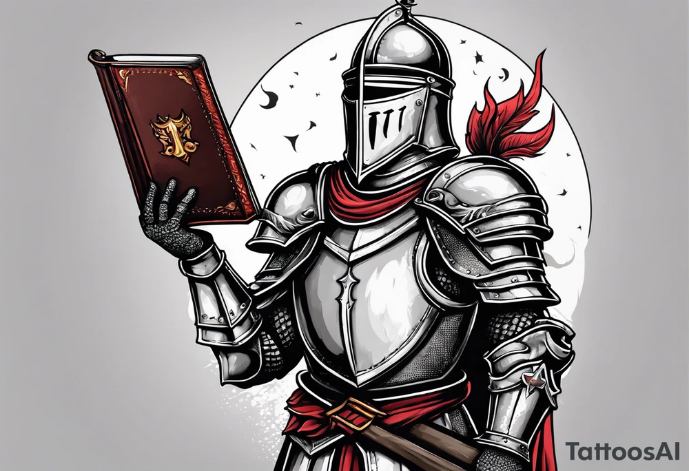 knight holding a bible over his head tattoo idea