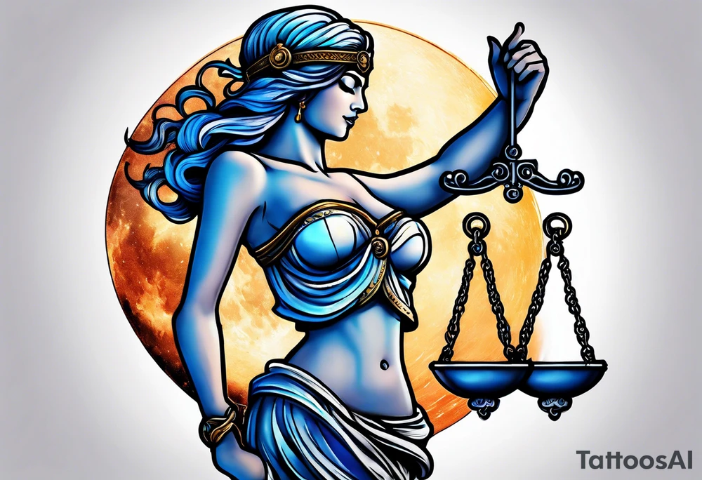 Themis holding the scales of justice while blindfolded with a moon in the background in color tattoo idea
