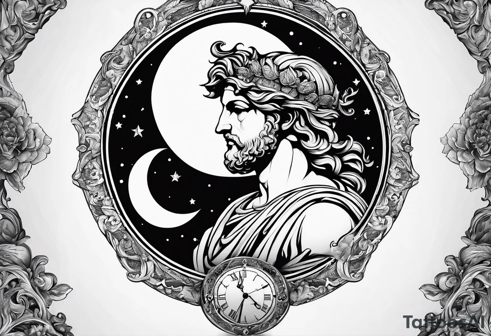 Roman god, timeless clock, Aquarius, moon tattoo idea Roman god, timeless clock, Aquarius, moon tattoo idea