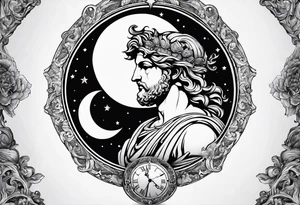 Roman god, timeless clock, Aquarius, moon tattoo idea