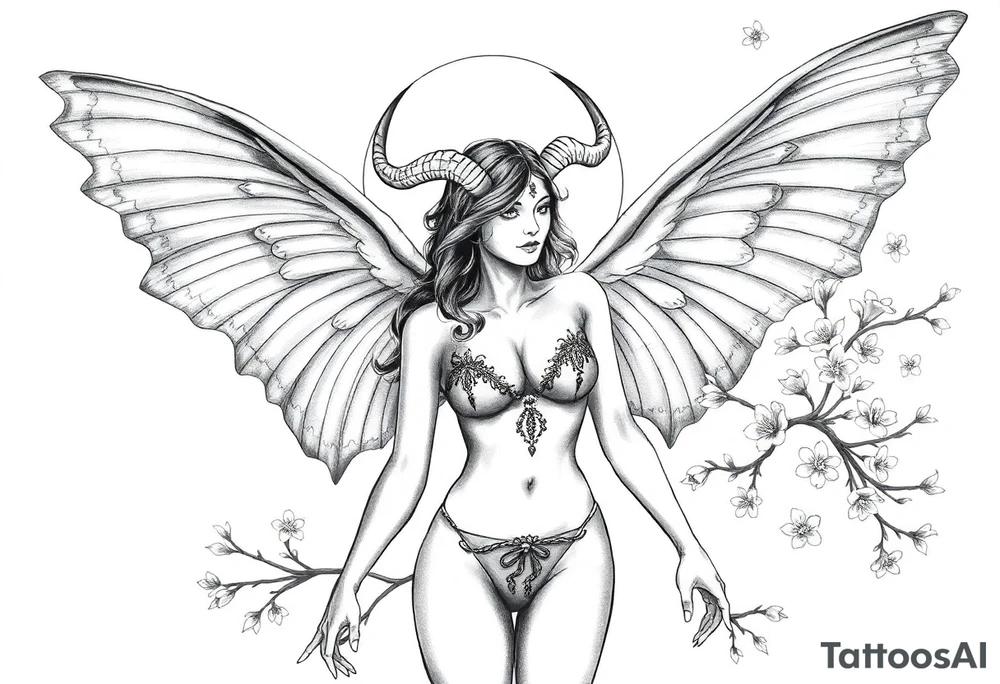 Hottest depiction of a starter the goddess of Love and war nude with see-through exotic lingerie at sunset with cherry blossoms with angel wings resembling a lunar moths also horns resembling antenna tattoo idea