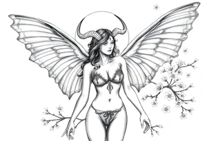 Hottest depiction of a starter the goddess of Love and war nude with see-through exotic lingerie at sunset with cherry blossoms with angel wings resembling a lunar moths also horns resembling antenna tattoo idea