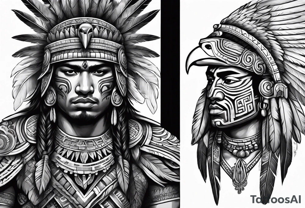 aztec warrior 
, with mexican roots and with eagle or exotic birds in the background with angel wings tattoo idea