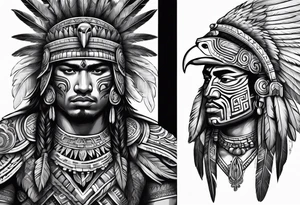 aztec warrior 
, with mexican roots and with eagle or exotic birds in the background with angel wings tattoo idea