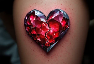 A heart-shaped crystal with a shattered effect, glowing in deep ruby red and silver, symbolizing how love makes us whole. tattoo idea