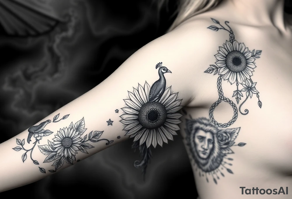 Storm, darkness, , fat naked woman, peacock, dead sunflower and rosesflowers, razor blades, noose, couple having sex , cupcake ,cigerettes storm clouds coins, mirror, lamb, lion tattoo idea