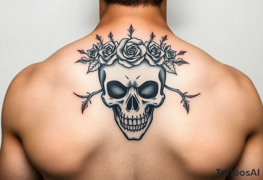 ornate skull adorned with crown of wild roses and thorns tattoo idea