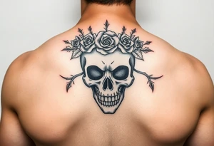 ornate skull adorned with crown of wild roses and thorns tattoo idea