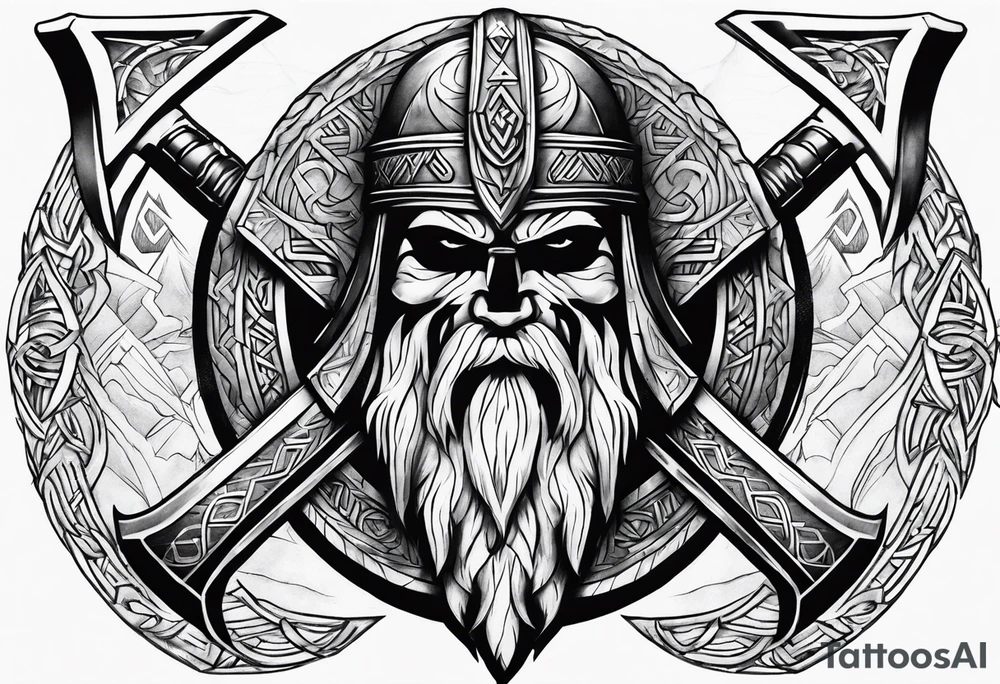 Valhalla  sword shield axe Valknut fog tattoo idea
