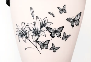 5 to 7 lily blooms in a natural stager with 2 that have petals floating off that gradually dissolve into butterflies in various stages of flight tattoo idea