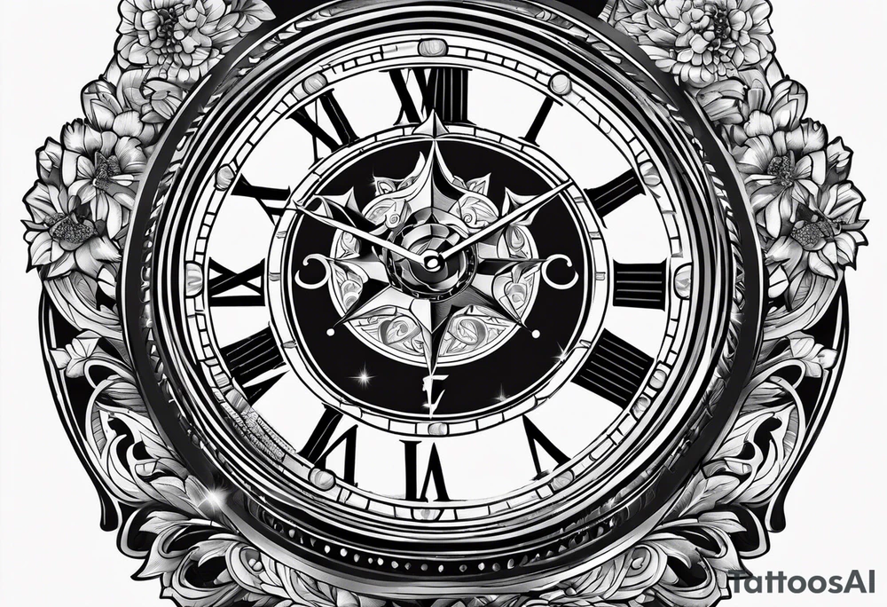 Antique watch surrounded stars tattoo idea