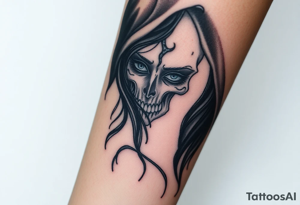 A chilling Hel, the half-dead Norse goddess of the underworld, her face split between lifelike beauty and skeletal darkness, draped in a tattered black cloak tattoo idea