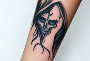 A chilling Hel, the half-dead Norse goddess of the underworld, her face split between lifelike beauty and skeletal darkness, draped in a tattered black cloak tattoo idea