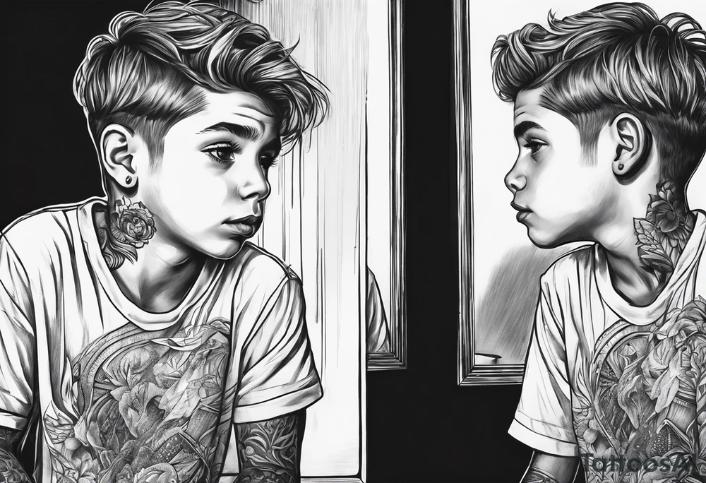 Boy looking in mirror tattoo idea