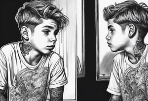 Boy looking in mirror tattoo idea