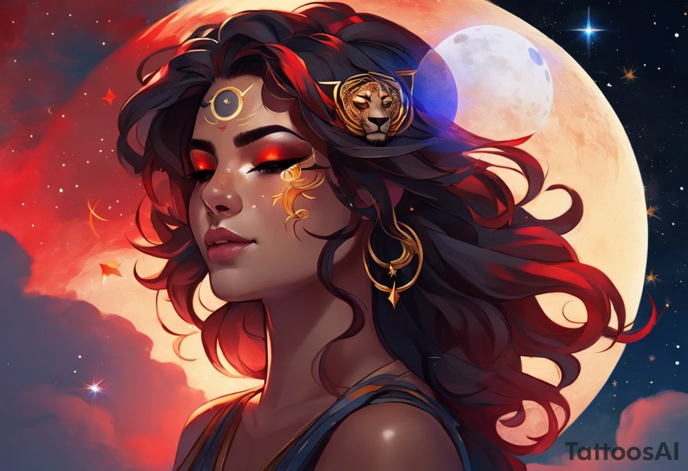 women turning to her side with a small leo zodiac symbol on her forehead, lion scratch scar on her eye and stars, moon and sun floating behind her head. however at the bottom  have her blend away like a smoke effect, you can use Stars or clouds to help fill in space. Also create a somewhat Smokey thin red line wrapping going from the back of the neck to the pinky and overlapping the woman tattoo as well. tattoo idea