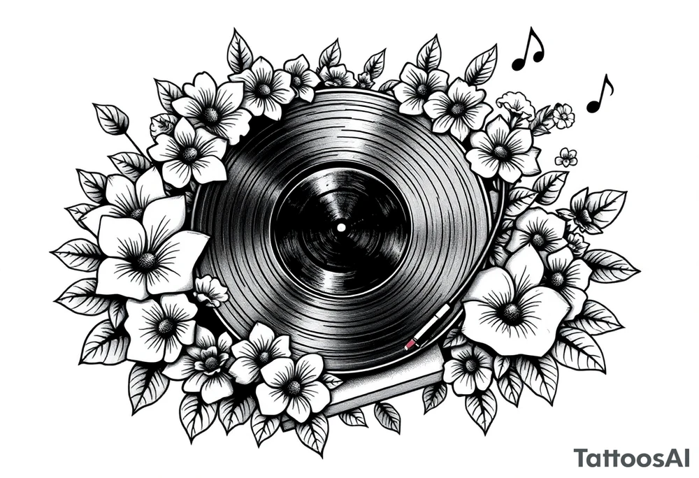 vinyl record player surrounded by flowers, mushrooms, and music notes tattoo idea