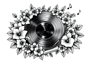 vinyl record player surrounded by flowers, mushrooms, and music notes tattoo idea