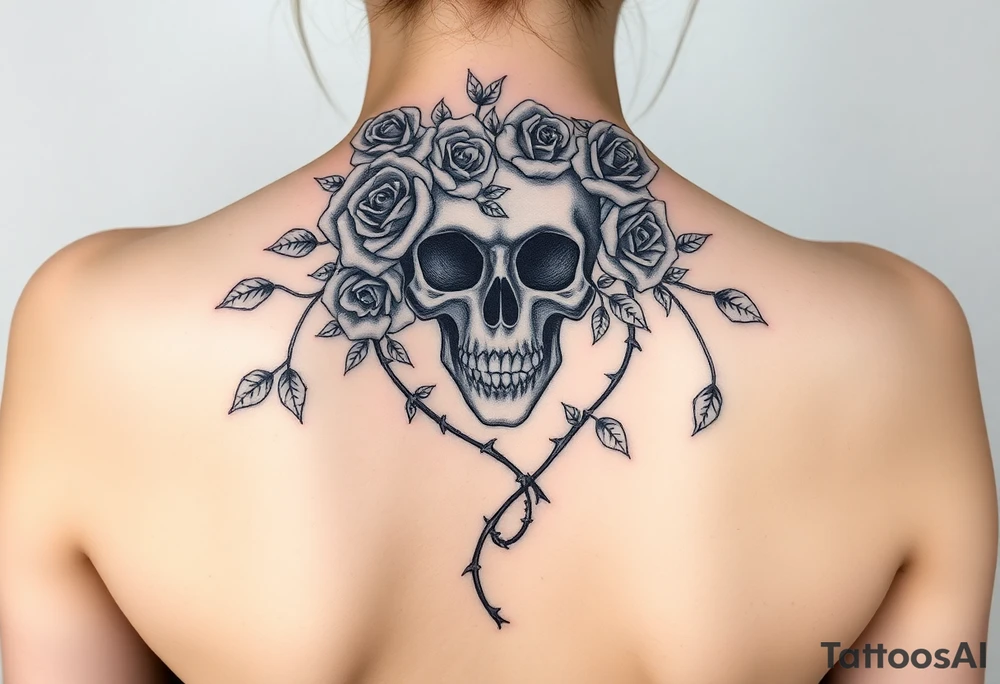 gothic skull intertwined with climbing roses and thorny vines tattoo idea