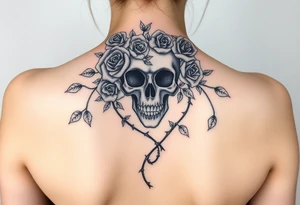 gothic skull intertwined with climbing roses and thorny vines tattoo idea