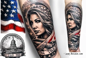 American patriotic forearm tattoo that includes the American flag, the phrase "Don't Tread on Me" tattoo idea