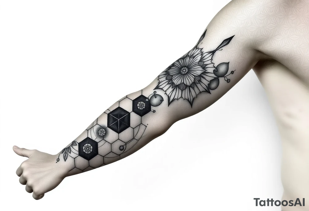 design a full “sleeve” tattoo that consists of a base layer of abstract hexagon pattern overlaid with a little blackwork abstract while incorporating the top tattoo and integrating slight biomech designs tattoo idea