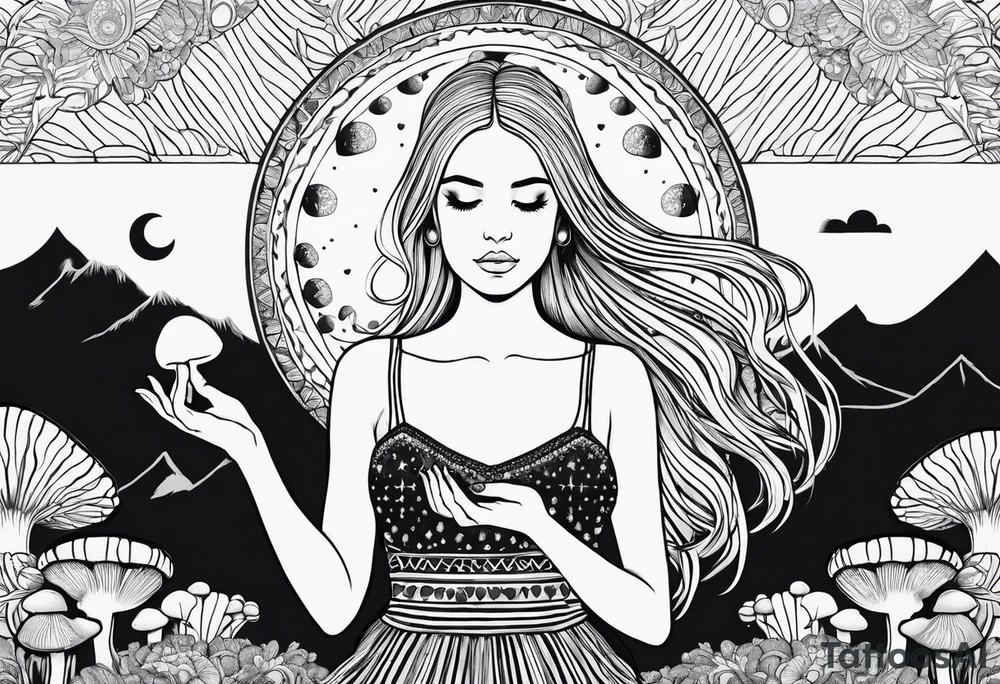 Straight blonde hair girl holding mushrooms in hand meditating facing away toward mountains surrounded by mushrooms crescent moon mandala circular design black and white striped dress tattoo idea