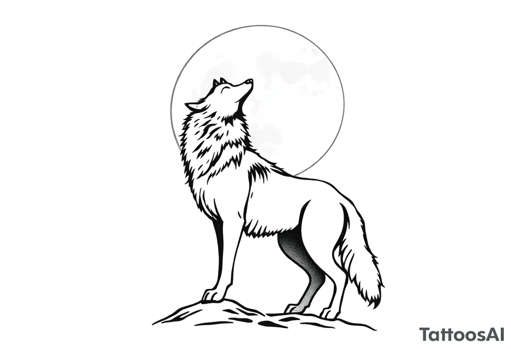 lone wolf howling at full moon with northern lights backdrop tattoo idea