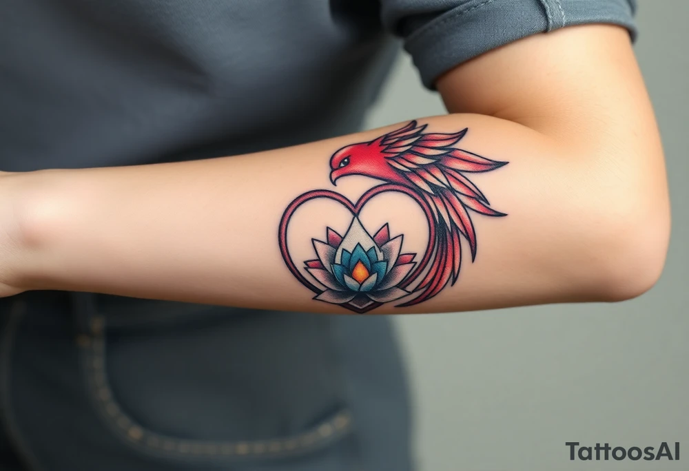 the phoenix and hour glass with lotus flower in kintsugi heart design tattoo idea