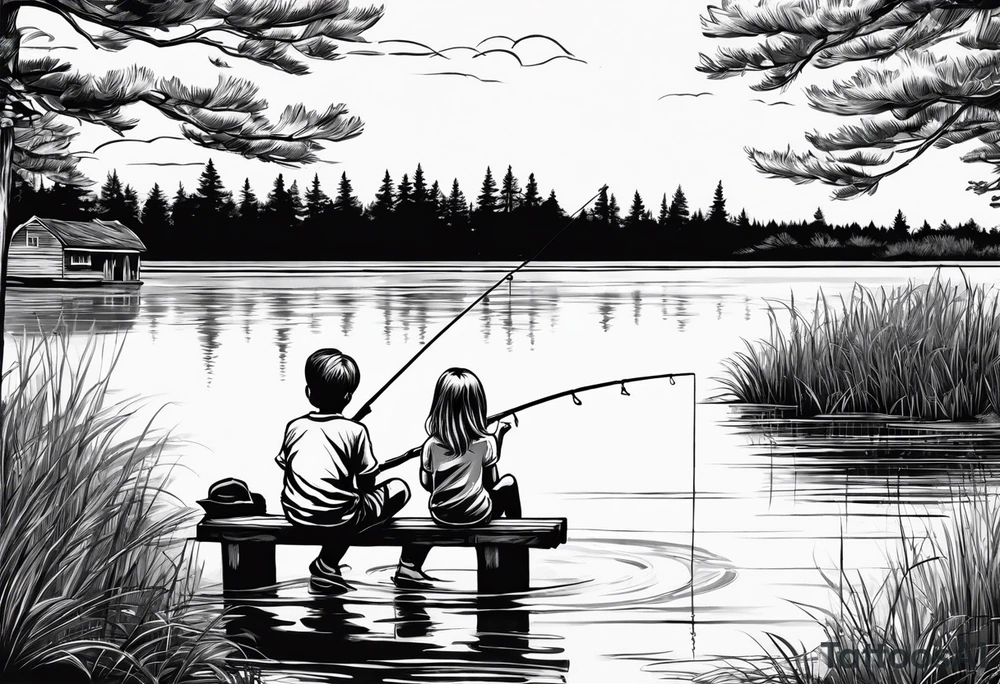 forearm tattoo set on a dock on a lake. There is a little boy sitting next to a little girl. The little boy is fishing and the little girl is reading. There are trees surrounding the lake. tattoo idea