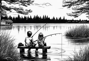 forearm tattoo set on a dock on a lake. There is a little boy sitting next to a little girl. The little boy is fishing and the little girl is reading. There are trees surrounding the lake. tattoo idea