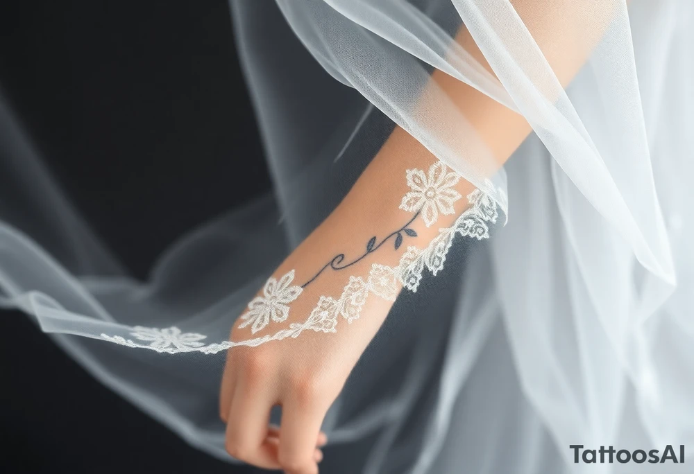 A delicate wedding veil flowing in the wind, adorned with lace patterns and soft, romantic shading tattoo idea