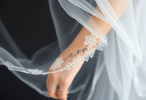 A delicate wedding veil flowing in the wind, adorned with lace patterns and soft, romantic shading tattoo idea