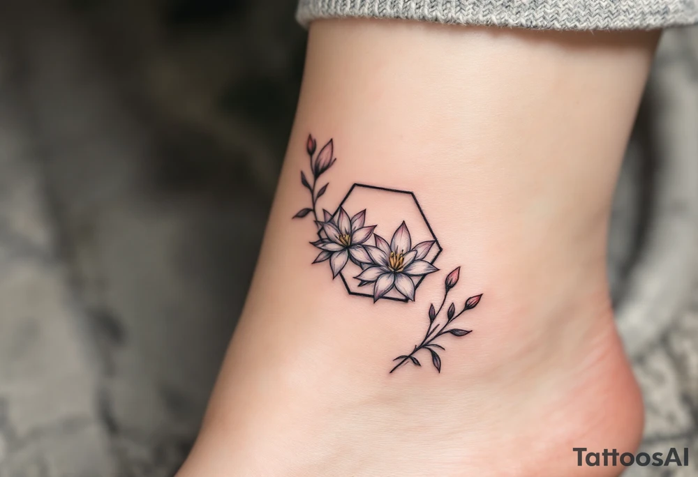 Faint Hexagon with Leo, larkspur and water lilies in the center tattoo idea