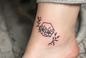 Faint Hexagon with Leo, larkspur and water lilies in the center tattoo idea