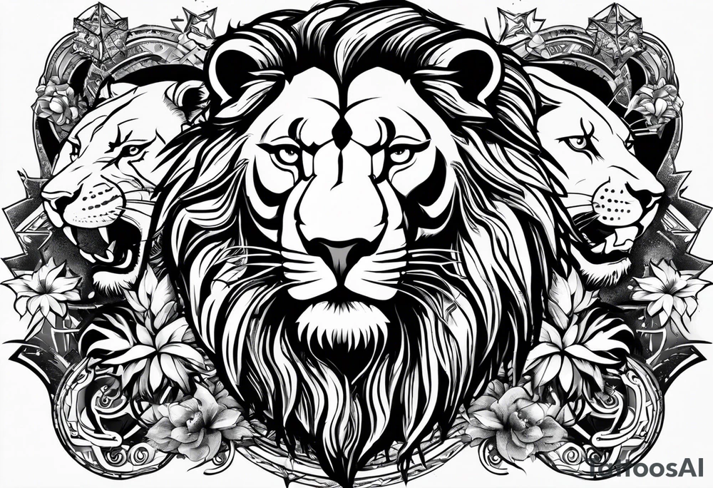 One roaring lion, next to it a roaring lioness, below them 3 roaring lion cubs and around a Star of David tattoo idea