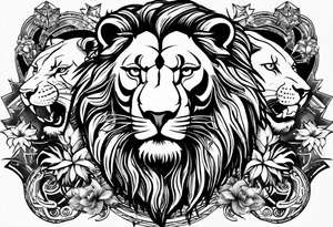 One roaring lion, next to it a roaring lioness, below them 3 roaring lion cubs and around a Star of David tattoo idea